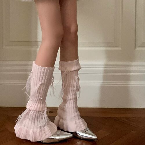 cnorahk 甜美少女珍珠羽毛堆堆袜套中筒洛丽塔插脚针织袜套