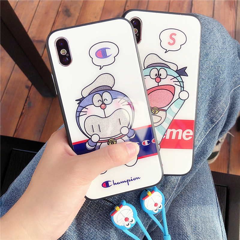 苹果x手机壳情侣抖音iPhone7网红潮牌六6叮当猫8plus玻璃挂绳女款
