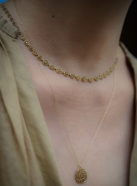 noguchi椭圆形蕾丝镂空钻石项链