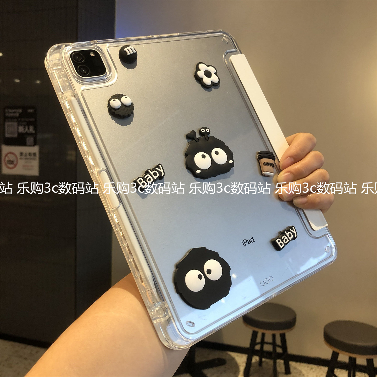 diy黑煤球3+Y折叠适用苹果iPad11防弯壳10代ari4寸Air567亚克力Pro13立体10.2寸9.7笔槽Por11卡通mimi4保护套