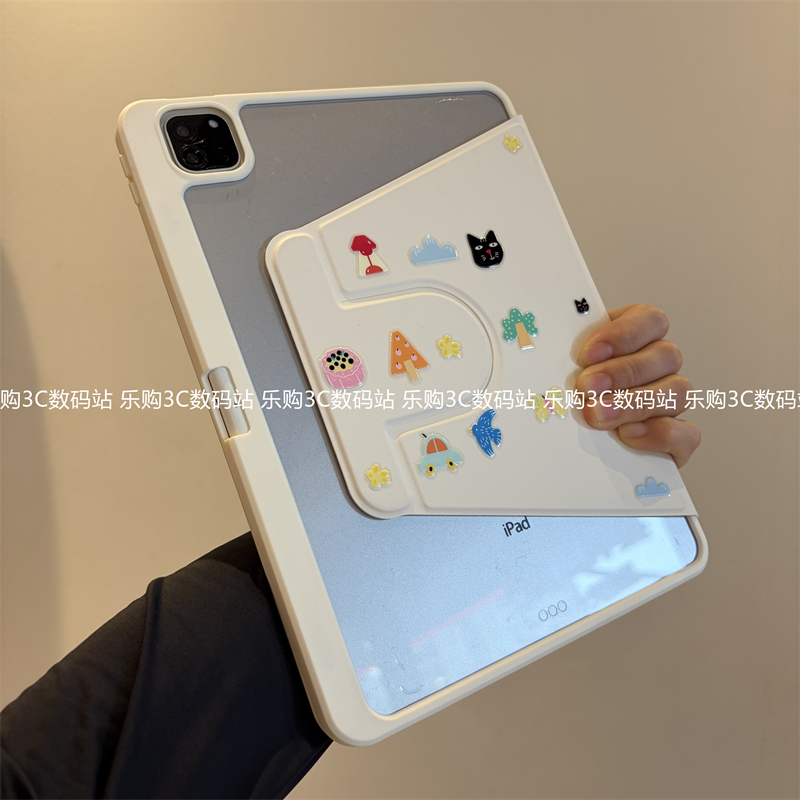 插画小黑猫360度旋转iPad11保护套可爱A16笔槽2026款第10代Air654适用M234苹果10.2寸9.7防摔iapad九代平板壳