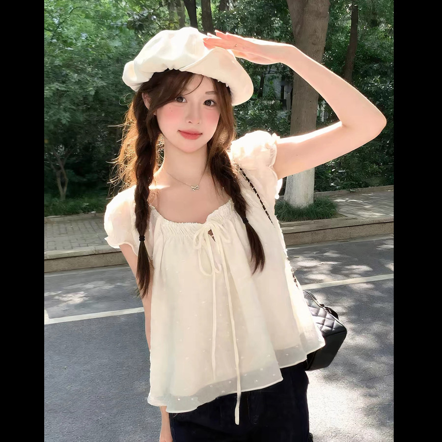 法式甜美风泡泡袖遮肚子上衣减龄娃娃衫白色波点雪纺衬衫女夏薄款