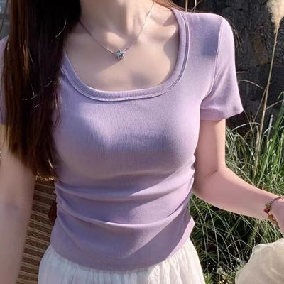 92%棉8%氨纶 褶皱短袖T恤女2025夏季新款小众设计感短款上衣服ins