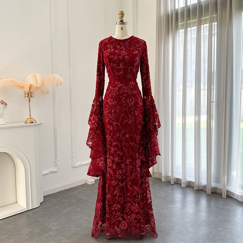 jancember lscz151 luxury wine red long sleeve evening dress