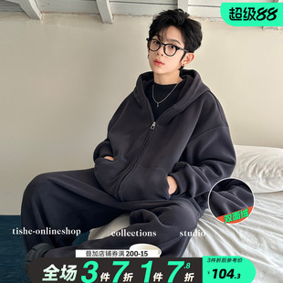 男童加绒外套春秋季2026新款中大童男孩春季开衫加厚保暖套装潮牌