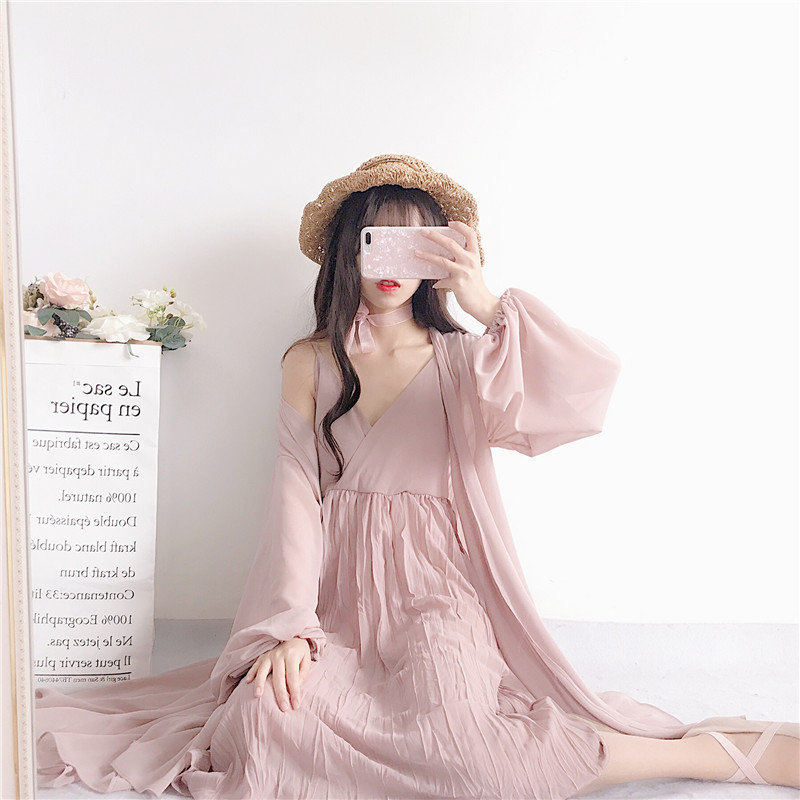 Mid length fairy dress with pleated sling + Long Sleeve Chiffon Cape