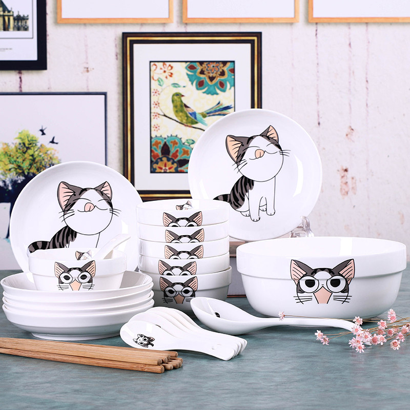 碗碟套装可爱卡通盘子碗具家用饭碗日式餐具陶瓷碗盘碗筷可微波炉