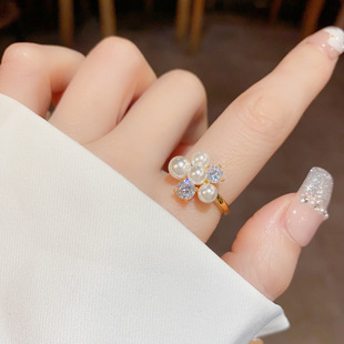 韩式 可调节戒子 优雅精致花束珍珠戒指高级感轻奢指环时尚 网红个性