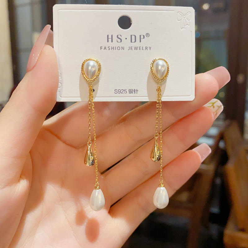 法式轻奢时尚温柔百搭水滴形珍珠长款流苏耳坠个性简约设计感耳环