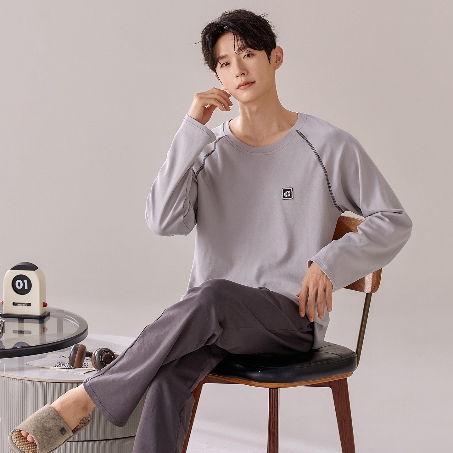 秋季男士纯棉长袖睡衣两件套青中年薄款可外穿韩版春秋冬天家居服