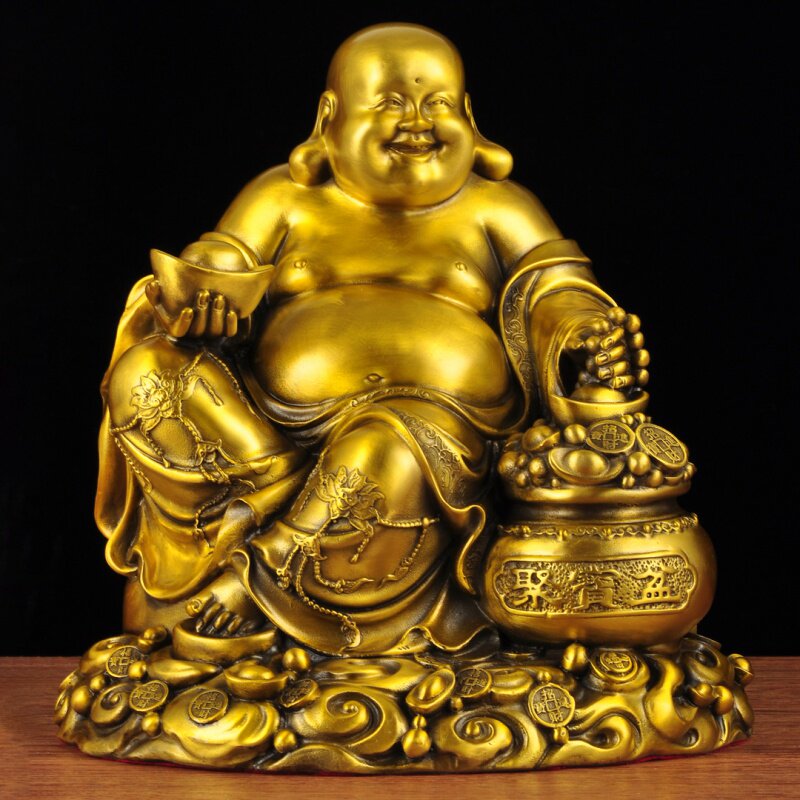 黄铜招财弥勒佛摆件笑口常开大肚笑佛风水聚宝盆家用客厅佛堂供奉