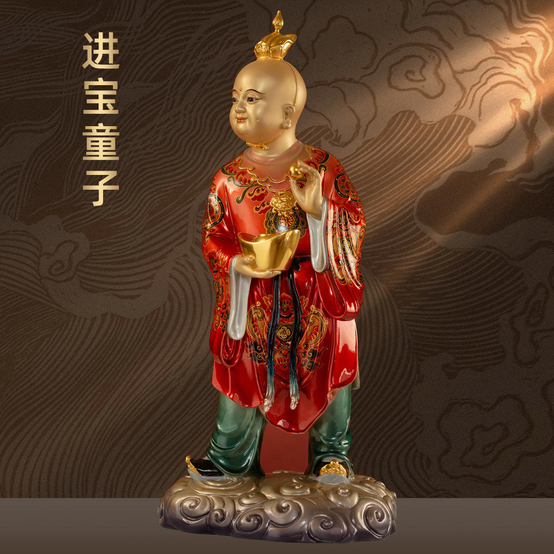 台湾全铜珐琅彩招财童子摆件财神爷护法善财童子神像家用客厅供奉