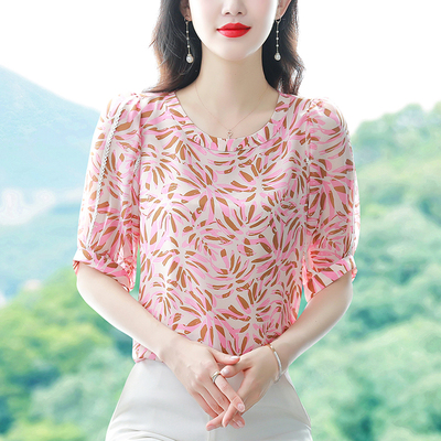 印花雪纺衫女上衣夏中年时尚上衣