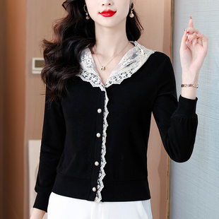 中年长袖 新款 拼接蕾丝显瘦黑色上衣 春秋季 气质连帽针织T恤女小衫