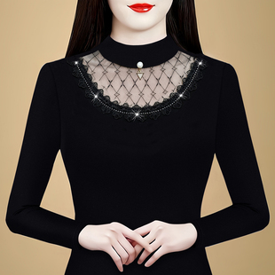 显瘦加绒加厚打底衫 保暖网纱T恤女上衣秋冬新款 女装 大码 中年长袖