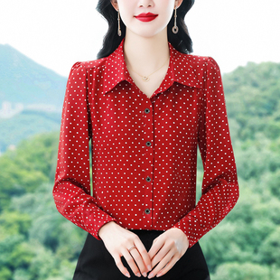 翻领红色显瘦百搭衬衣小衫 高档波点雪纺衬衫 新款 2025春秋季 女长袖