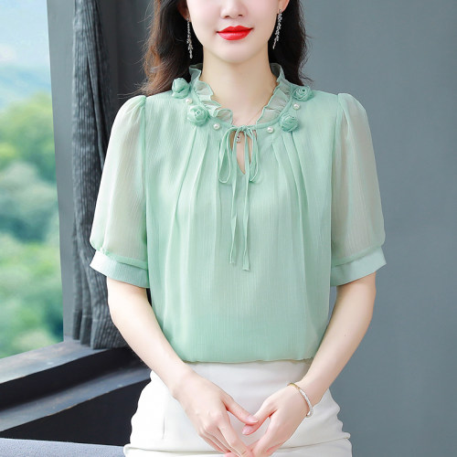 系带雪纺衫女上衣夏中年遮肚小衫