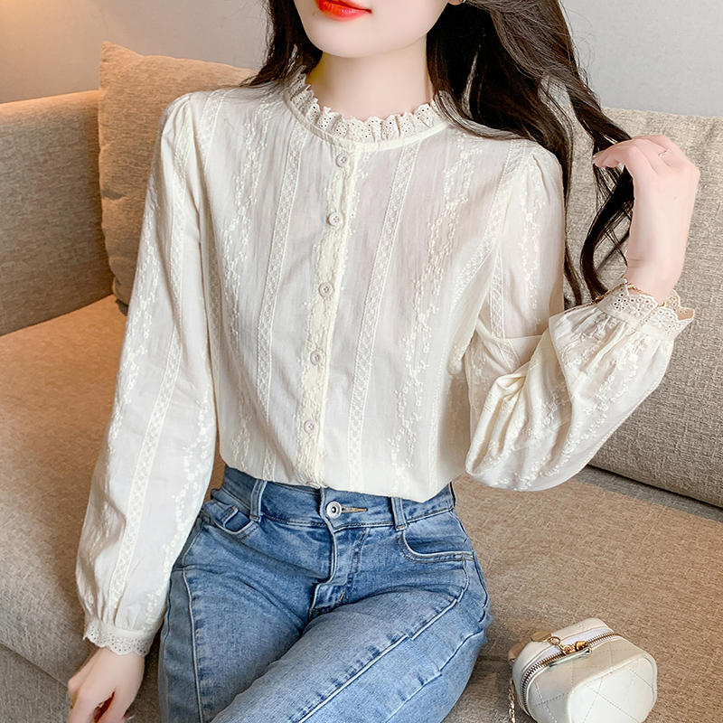 甜美提花纯棉衬衫女2025春秋新款立领中年长袖棉麻设计感时尚上衣