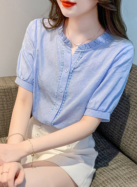 纯棉衬衫女上衣夏装提花衬衣小衫