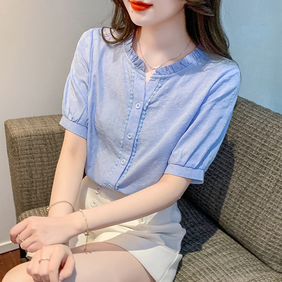 纯棉衬衫女上衣夏装提花衬衣小衫