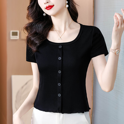 纯棉洋气小衫方领时尚黑色上衣夏