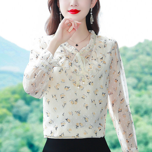 碎花雪纺衫秋装长袖洋气上衣小衫