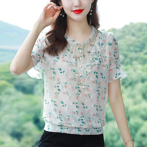 碎花雪纺上衣女夏季短袖甜美小衫