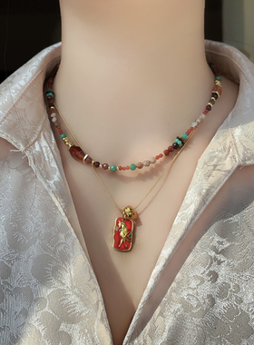 「敦煌 九色鹿」原创敦煌配色项链天然石红玛瑙图画石锁骨链叠戴