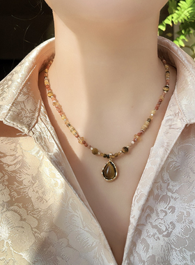 「余晖晚照」天然石项链虎眼石吊坠图画石红花石琉璃撞色锁骨链