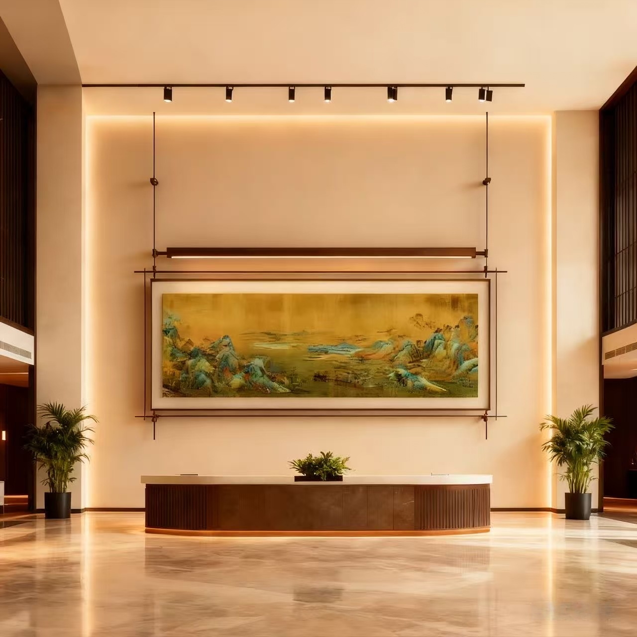 新中式山水画墙画灯光画装饰画壁灯餐厅包间酒店别墅挂画金属吊杆图片