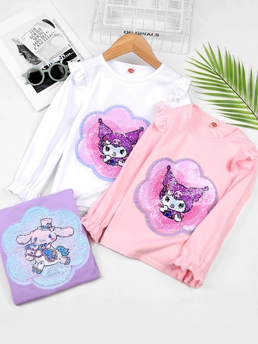 Футболка, осенние мультяшные хлопковые блестки для ногтей, детский приятный телу лонгслив