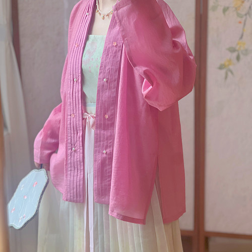 宋制风琴褶3色可选天丝飞机袖短衫手工订珠日常通勤汉服女款