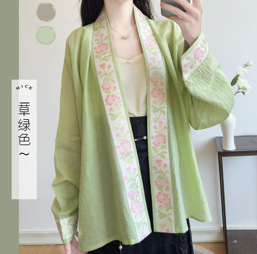 唐帛衣妆季新款天丝绿色宋制飞机袖短衫女款汉服仿妆花海棠花