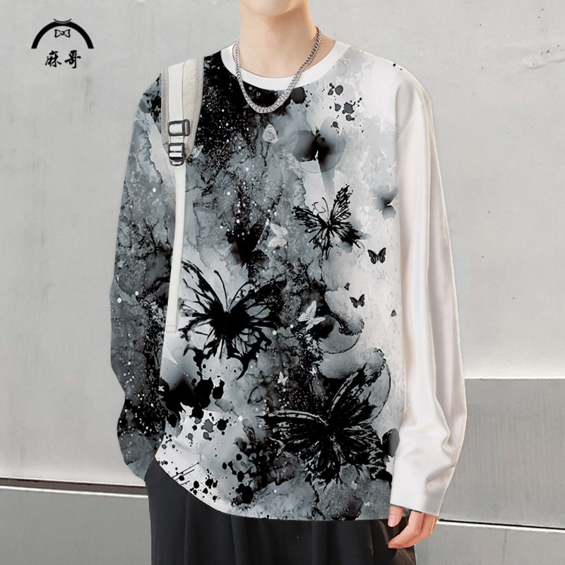 春秋季蝴蝶印花长袖T恤男潮牌大码运动衣服内搭百搭休闲上衣复古