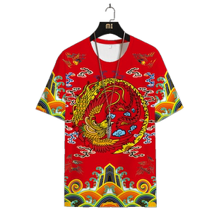 冰丝速干短袖T恤男中国风皇帝龙袍半袖大码显瘦凤凰印花夏季上衣