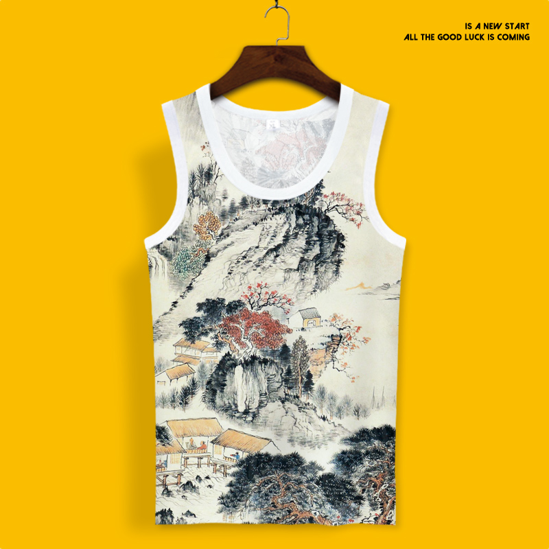 背心男款夏季国潮山水图案大码加肥无袖T恤冰丝速干潮流薄款坎肩