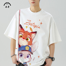 日系卡通印花短袖T恤男疯狂动物城尼克朱迪周边半袖大码落肩体恤