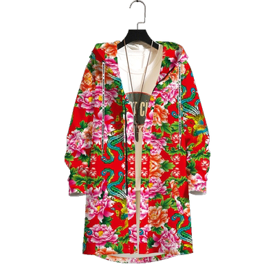 麻哥东北大花布衣服中长款风衣