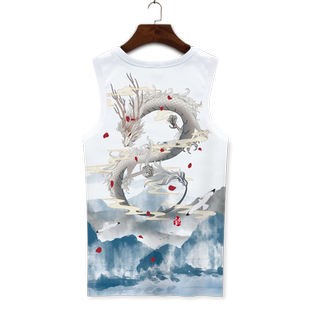 龙图案宽肩背心男大码无袖T恤小众设计感印花薄款青少年运动坎肩