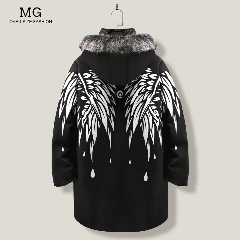 冬季加厚羽绒服男韩版休闲翅膀印花中长款大毛领连帽棉服百搭外套