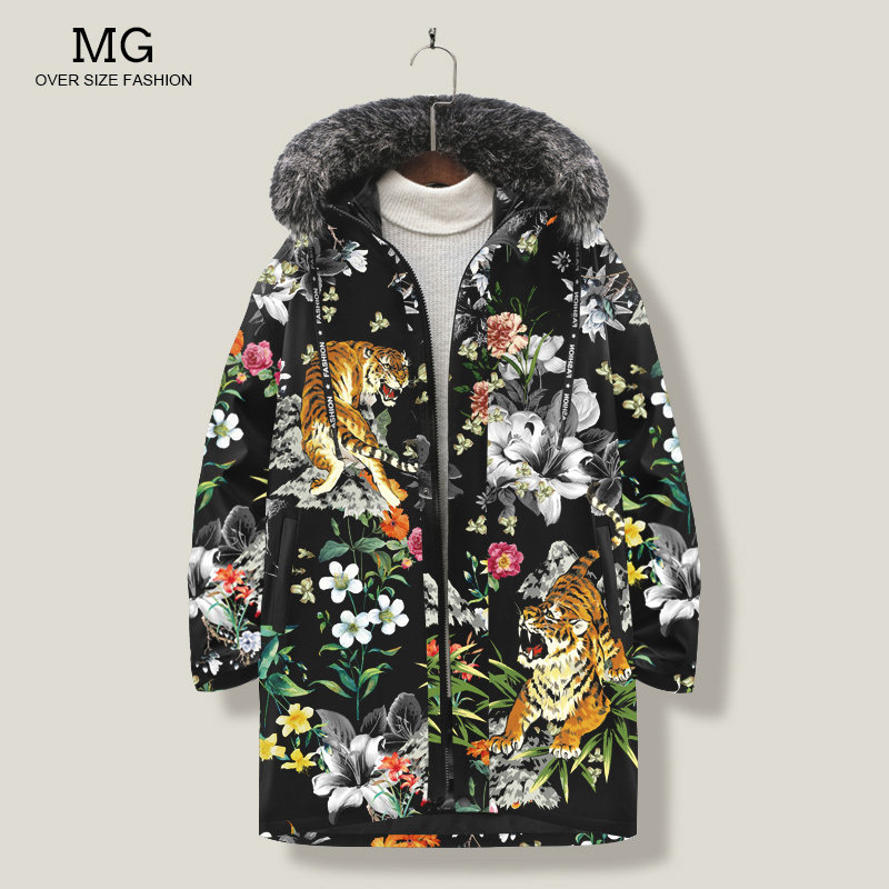 男士羽绒服外套潮流老虎印花白鸭绒开衫中长款棉服加厚连帽面包服