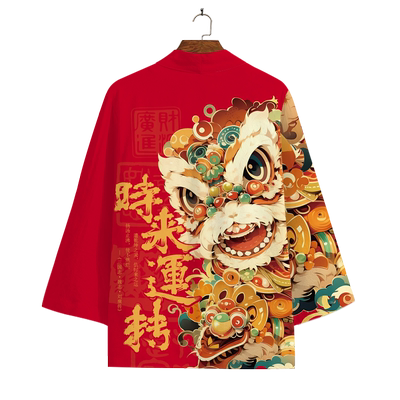 国潮醒狮道袍外套男士秋冬加厚大码衬衫披风国风印花红色改良汉服