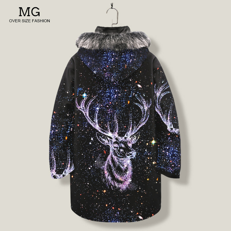 中长款羽绒服外套男小鹿印花设计感小众连帽棉服青少年白鸭绒棉服