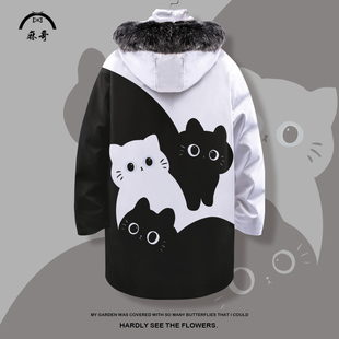 小猫印花外套大码 新款 加肥加厚保暖棉服 羽绒服男冬季 青少年中长款