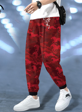 马年红色卫裤男冬季新款本命年束脚休闲裤设计感小众大码加绒长裤
