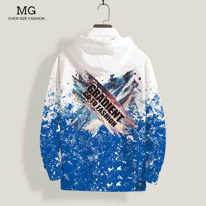 连帽卫衣男生大码加肥春秋加绒涂鸦印花拼色上衣潮流休闲运动外套