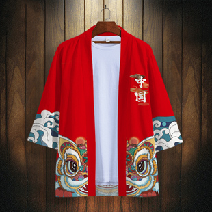 秋季国潮醒狮道袍男士红色披风衬衫唐装外套衣服汉服中国风男装薄
