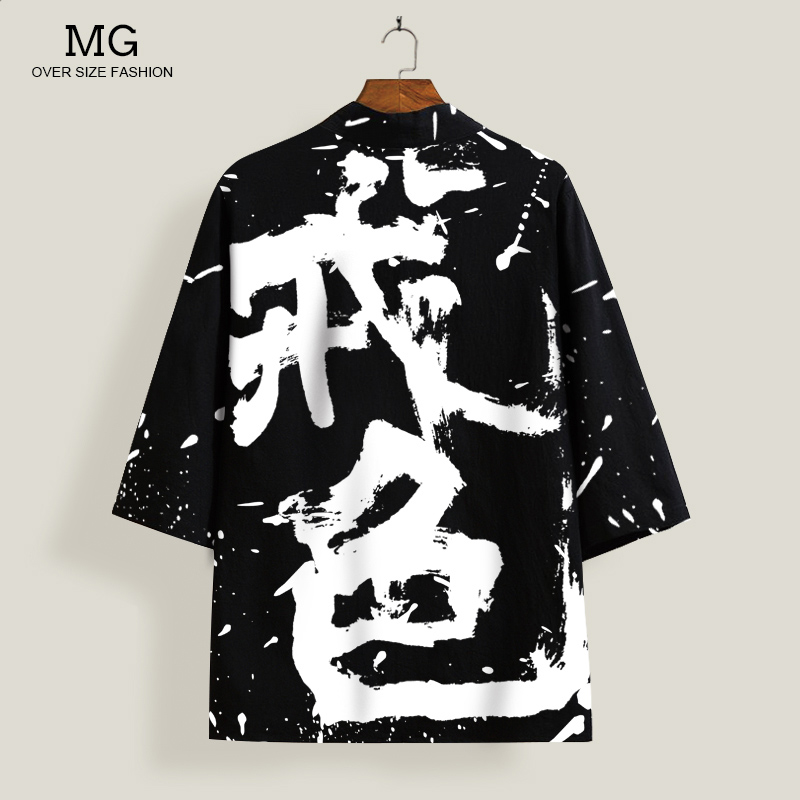 戒色文字印花道袍外套男ins国潮五分袖衬衫新款改良汉服大码披风