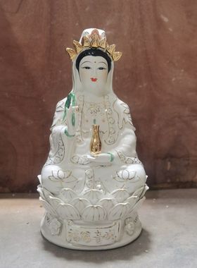 陶瓷南海观世音玉净瓶菩萨佛像家用客厅供奉坐莲观音白土观音摆件