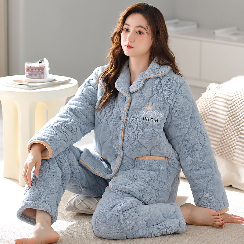春秋冬天睡衣女士新款珊瑚绒夹棉三层加绒加厚棉袄家居服保暖套装